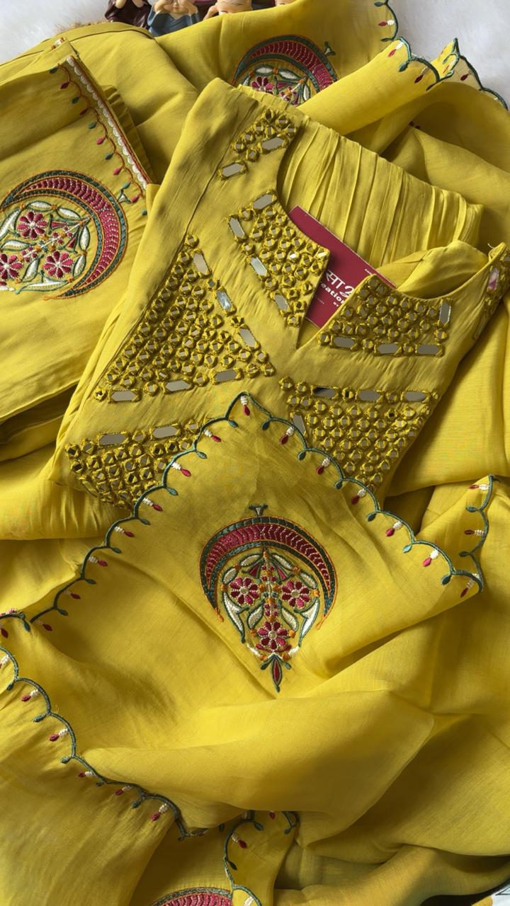 Mul Chanderi mirror kurta set